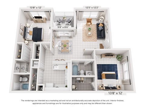 Floor plan for 2 beds, 2 baths, 1160 sqft